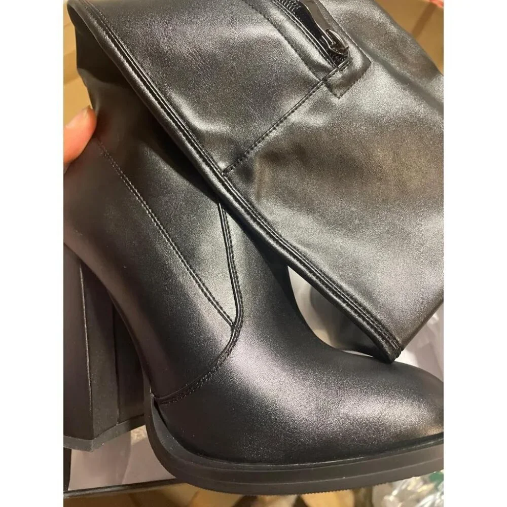 🆕Women Black Leather Over The Knee Thigh High Chunky Heel Pointed Toe Long Boot